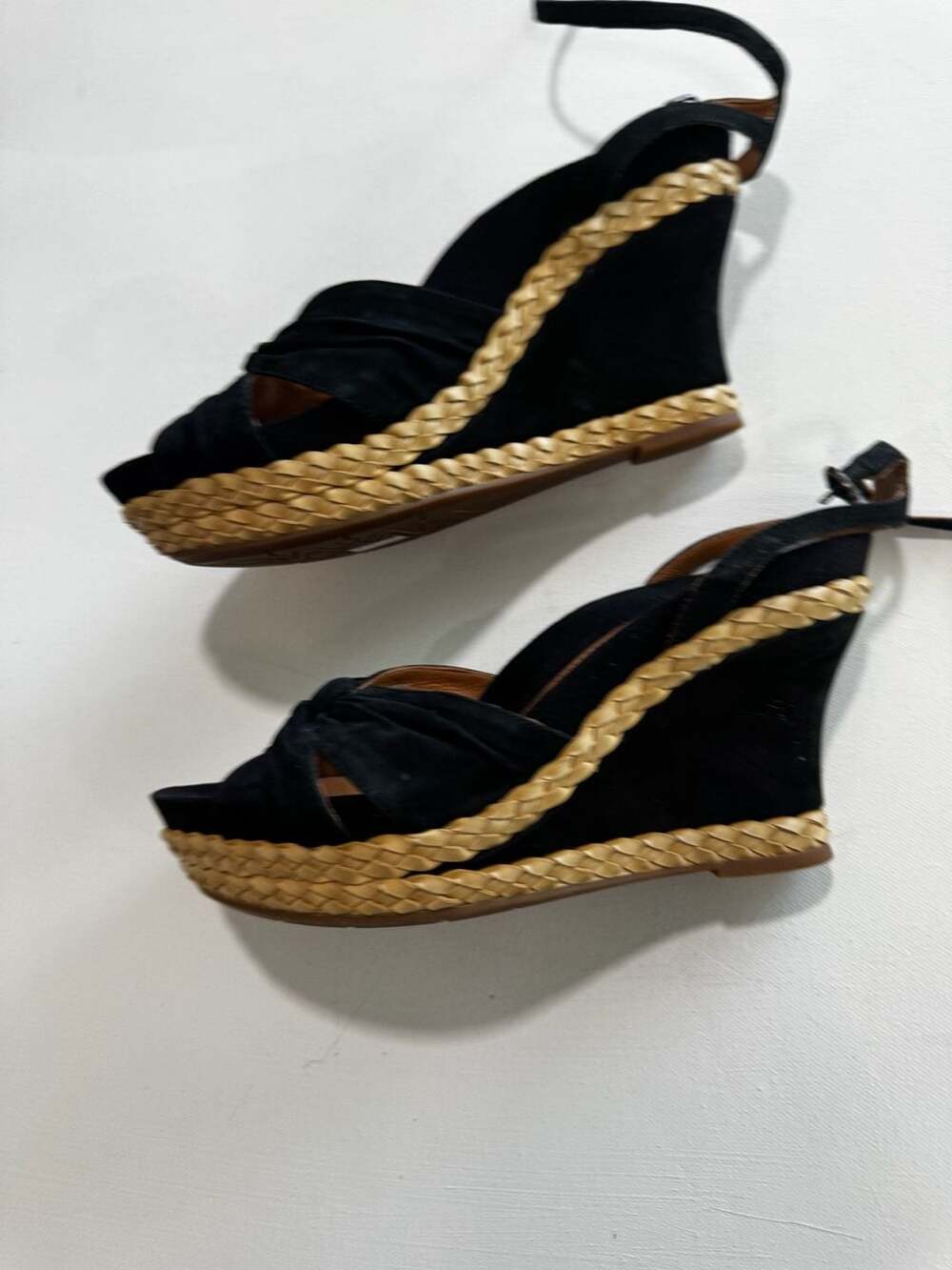 Size 7Earthies Black Suede Knot-Detail Espadrille Wedge Sandals